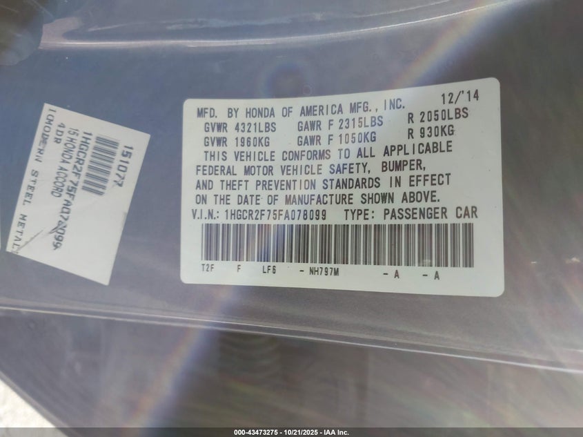 2015 HONDA ACCORD EX 1HGCR2F75FA078099