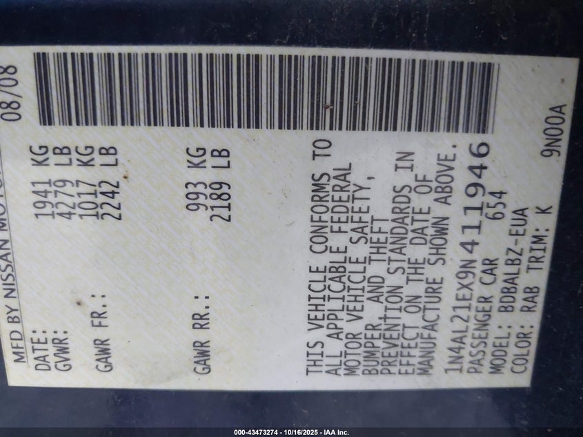 1N4AL21EX9N411946 2009 NISSAN ALTIMA photo no. 9