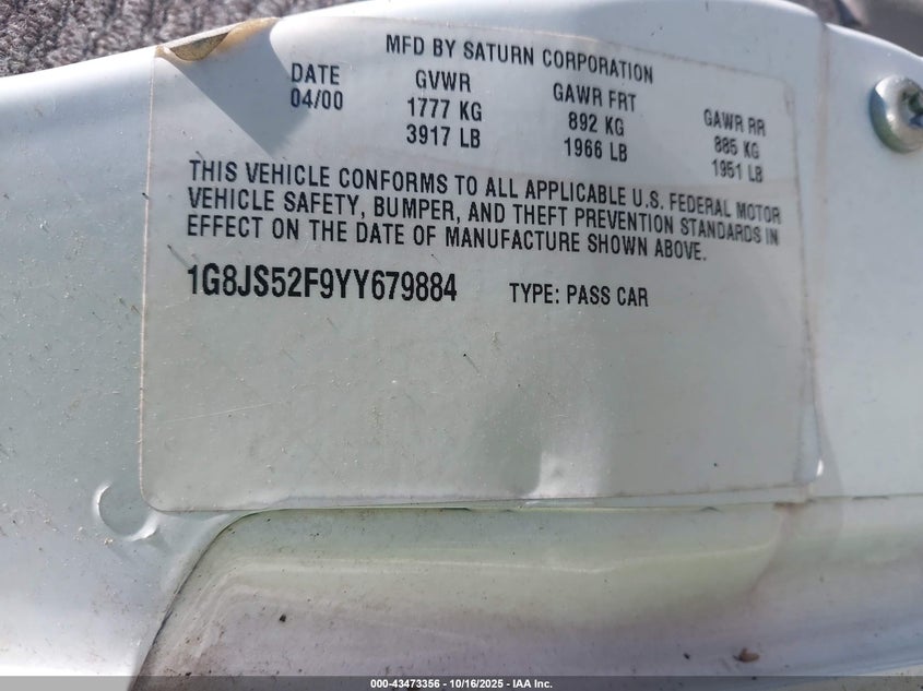 1G8JS52F9YY679884 2000 SATURN LS photo no. 9