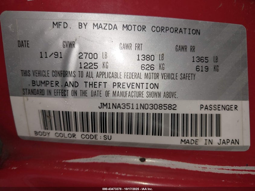 1992 Mazda Mx-5 Miata VIN: JM1NA3511N0308582 Lot: 43473378