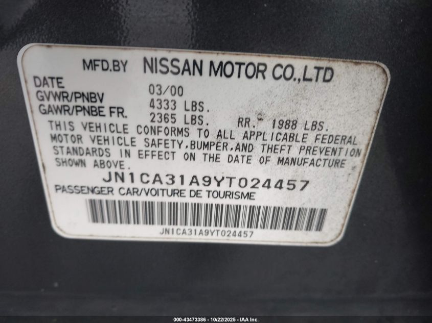 2000 Nissan Maxima Gle/Gxe/Se VIN: JN1CA31A9YT024457 Lot: 43473386