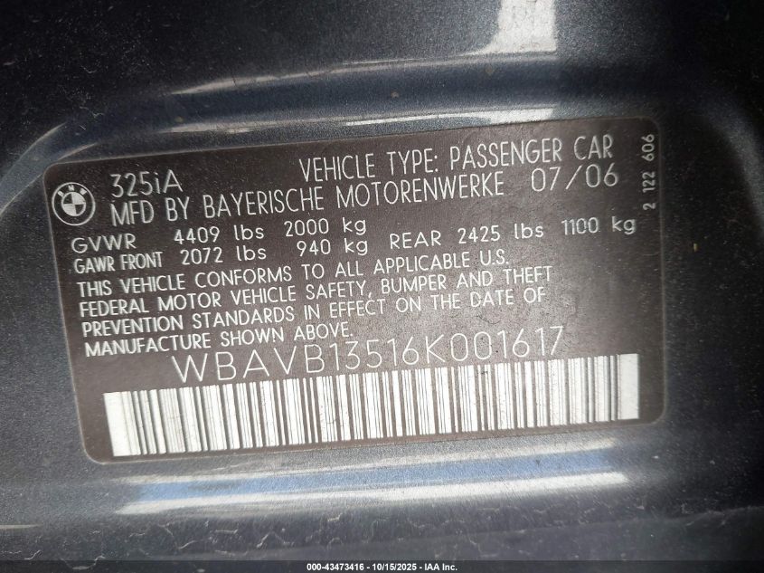 2006 BMW 325I VIN: WBAVB13516K001617 Lot: 43473416