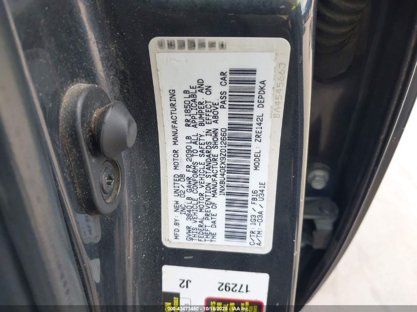 2009 Toyota Corolla Le VIN: 1NXBU40EX9Z012660 Lot: 43473480