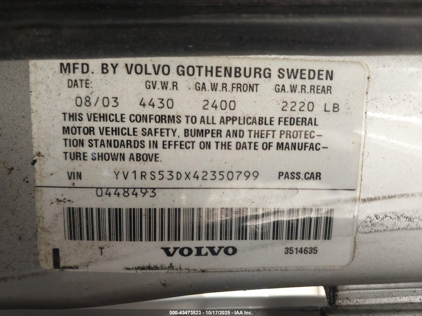 2004 Volvo S60 T5 VIN: YV1RS53DX42350799 Lot: 43473523