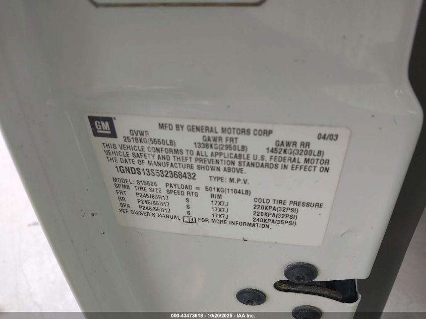 2003 Chevrolet Trailblazer Lt VIN: 1GNDS13S532368432 Lot: 43473618