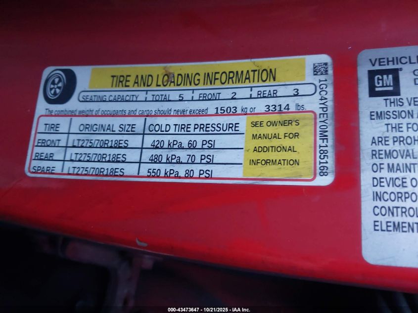 2021 Chevrolet Silverado 2500Hd 4Wd Standard Bed Ltz VIN: 1GC4YPEY0MF185168 Lot: 43473647