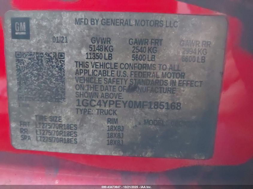 2021 Chevrolet Silverado 2500Hd 4Wd Standard Bed Ltz VIN: 1GC4YPEY0MF185168 Lot: 43473647