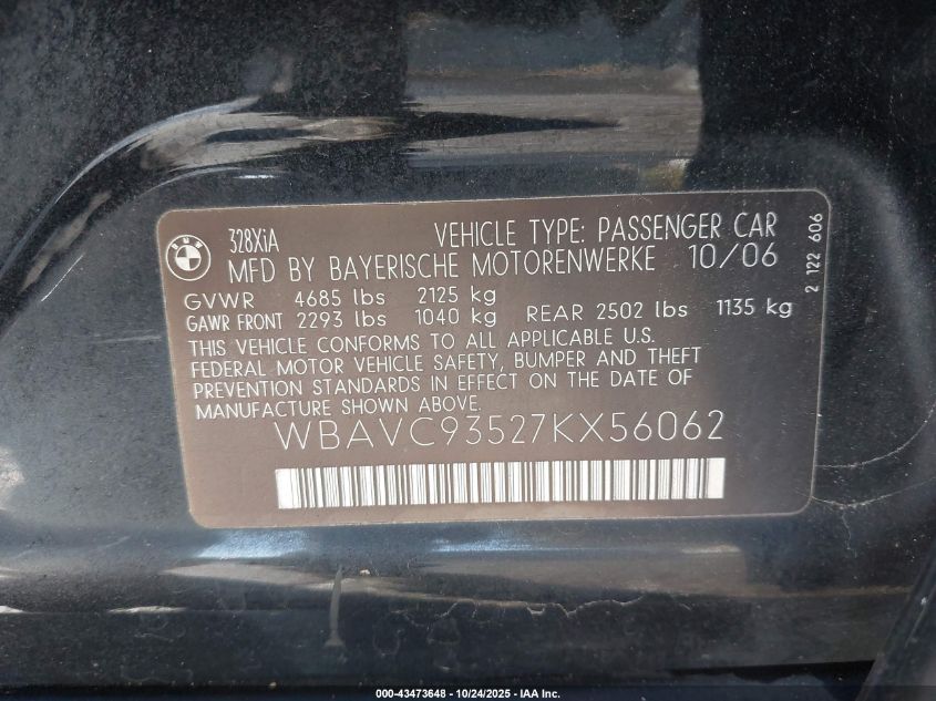 2007 BMW 328Xi VIN: WBAVC93527KX56062 Lot: 43473648