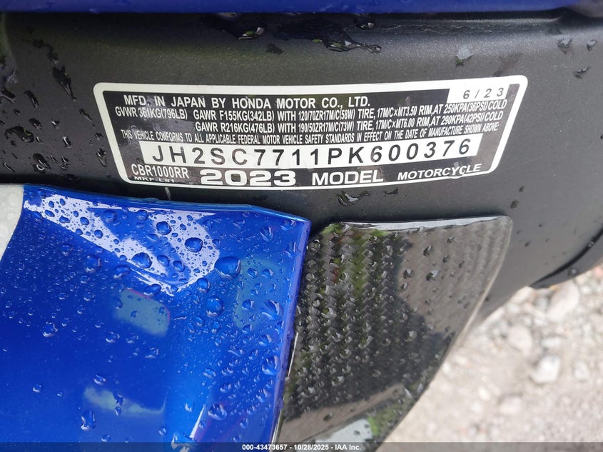 2023 Honda Cbr1000 Rr VIN: JH2SC7711PK600376 Lot: 43473657