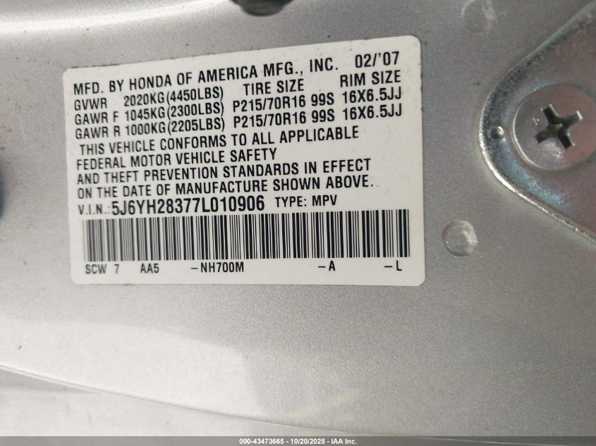 2007 Honda Element Lx VIN: 5J6YH28377L010906 Lot: 43473665