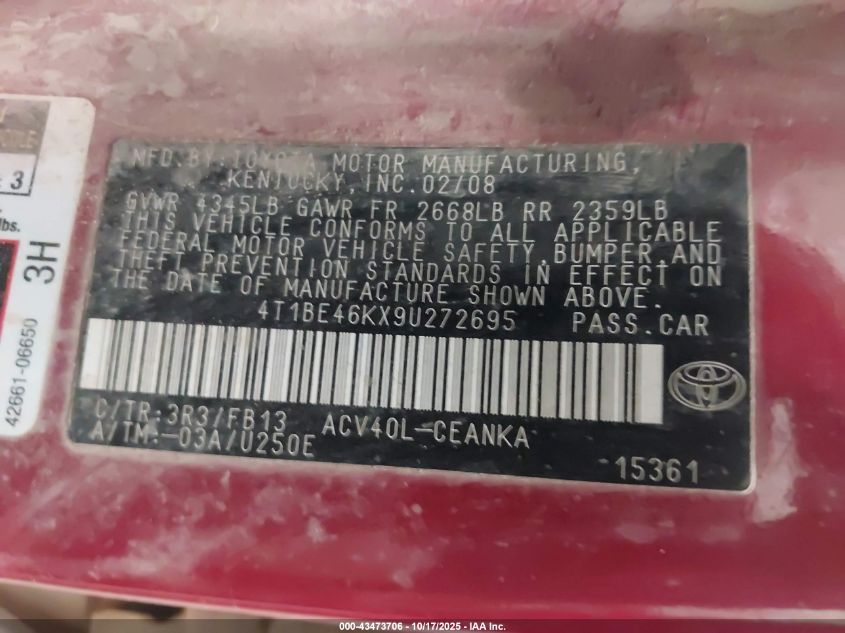 2009 Toyota Camry Le VIN: 4T1BE46KX9U272695 Lot: 43473706