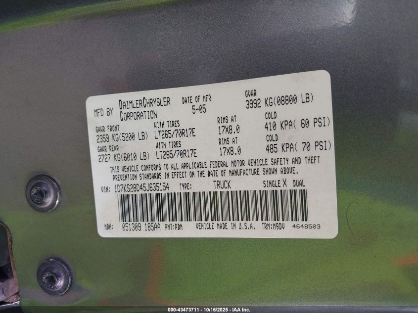 2005 Dodge Ram 2500 Slt/Laramie VIN: 1D7KS28D45J635154 Lot: 43473711