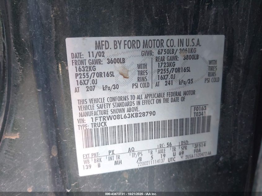 2003 Ford F-150 Lariat/Xlt VIN: 1FTRW08L63KB28790 Lot: 43473731