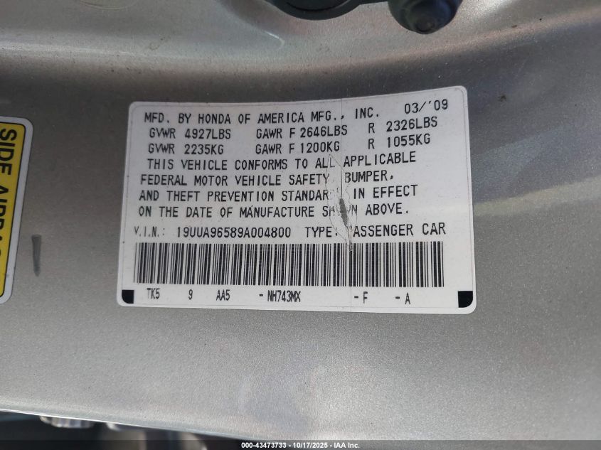 2009 Acura Tl 3.7 VIN: 19UUA96589A004800 Lot: 43473733