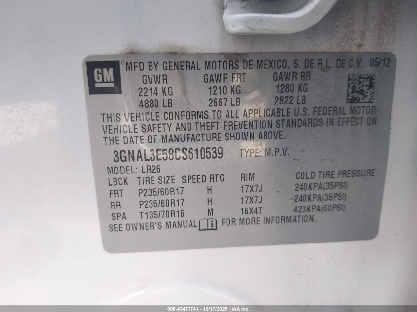 2012 Chevrolet Captiva Sport Lt VIN: 3GNAL3E58CS610539 Lot: 43473741