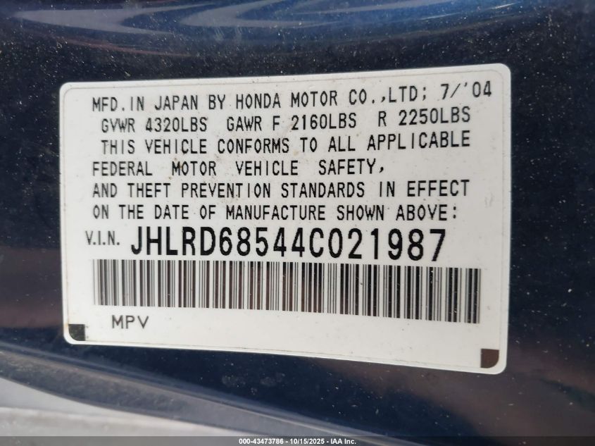 2004 Honda Cr-V Lx VIN: JHLRD68544C021987 Lot: 43473786