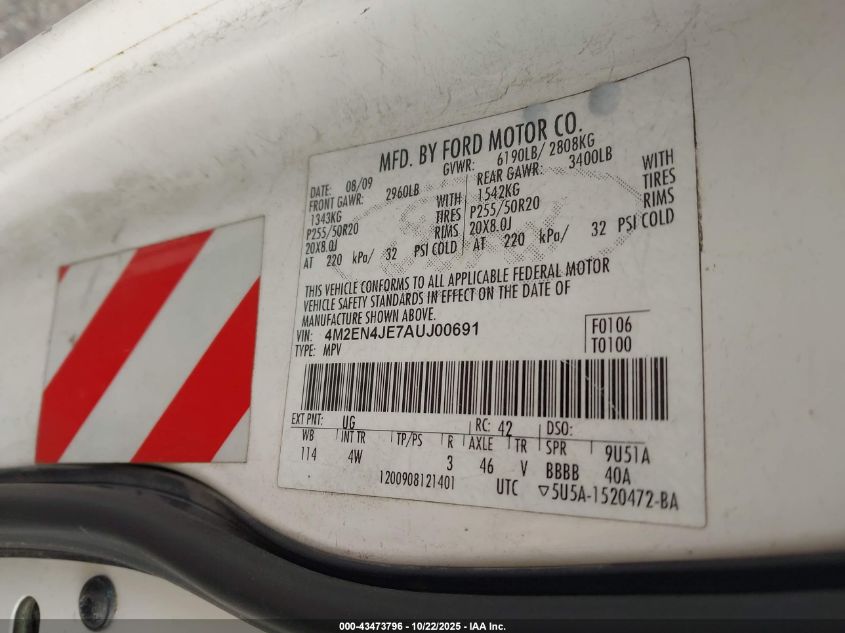 2010 Mercury Mountaineer Premier VIN: 4M2EN4JE7AUJ00691 Lot: 43473796