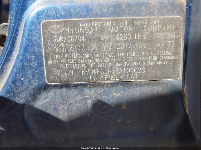 KMHWF35H35A101023 2005 HYUNDAI SONATA photo no. 9