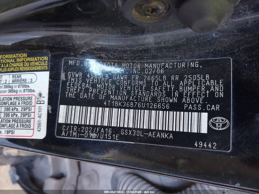 2006 Toyota Avalon Xl VIN: 4T1BK36B76U126656 Lot: 43473833