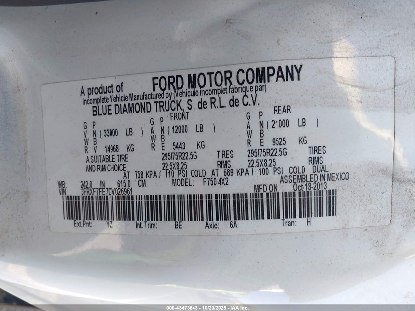 Auction sale of the 2013 FORD F 750 , vin: 3FRXF7FE7DV026961, lot number: 43473843