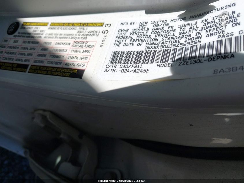 2006 Toyota Corolla Le VIN: 1NXBR30E36Z599596 Lot: 43473968