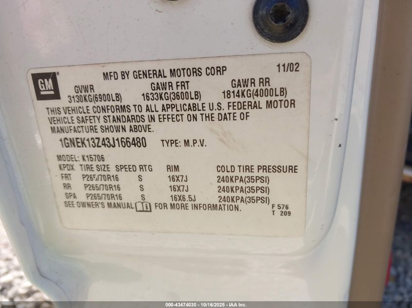 2003 Chevrolet Tahoe Lt VIN: 1GNEK13Z43J166480 Lot: 43474030