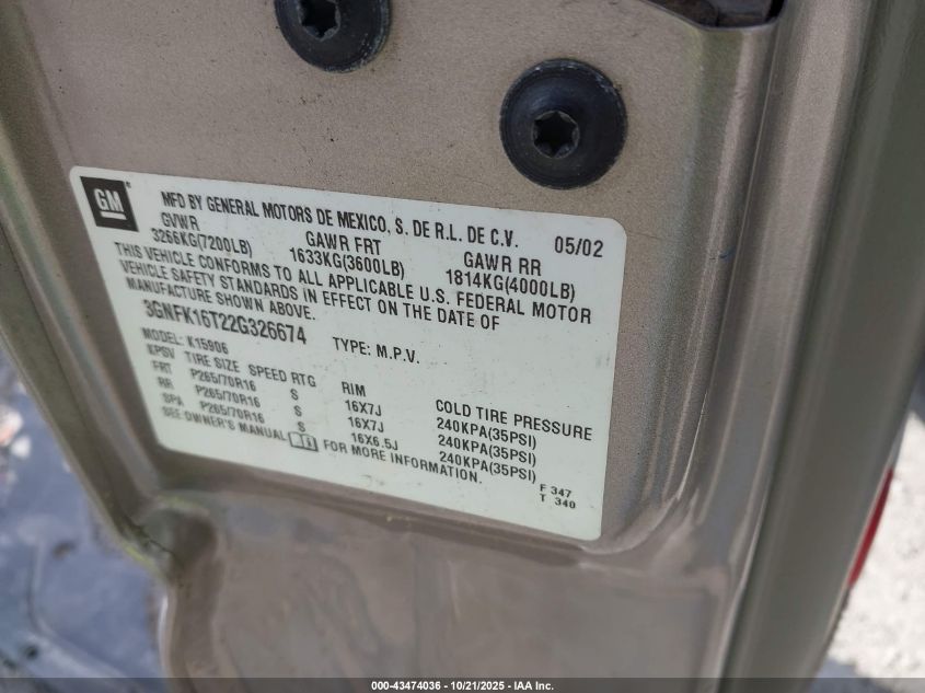 2002 Chevrolet Suburban 1500 Ls VIN: 3GNFK16T22G326674 Lot: 43474036