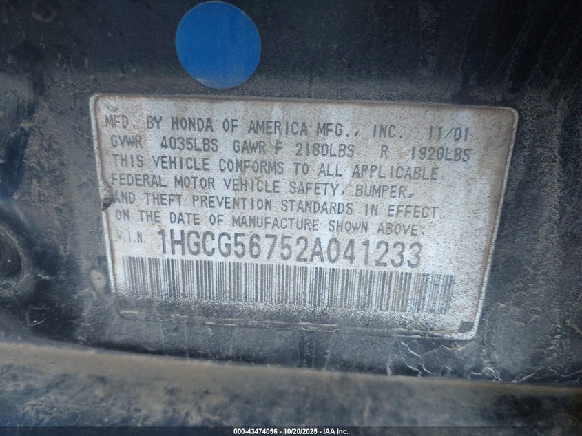 1HGCG56752A041233 2002 HONDA ACCORD photo no. 9