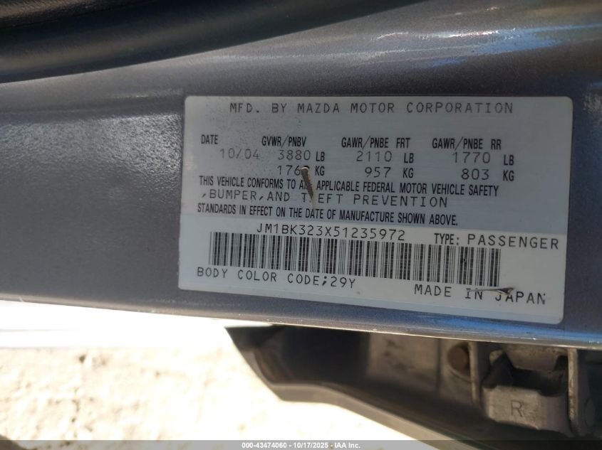 2005 Mazda Mazda3 S VIN: JM1BK323X51235972 Lot: 43474060