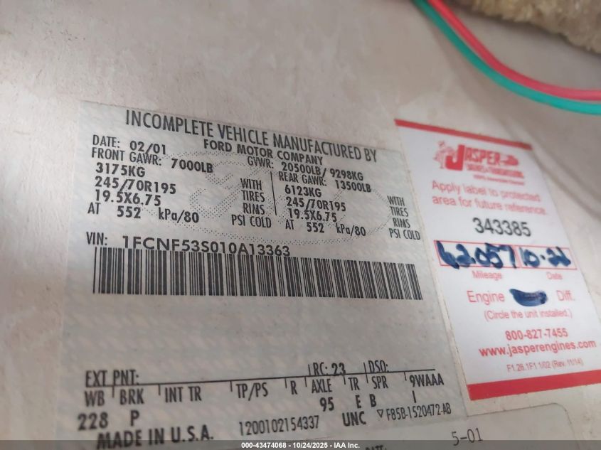 2001 Ford F550 Super Duty Stripped Chass VIN: 1FCNF53S010A13363 Lot: 43474068