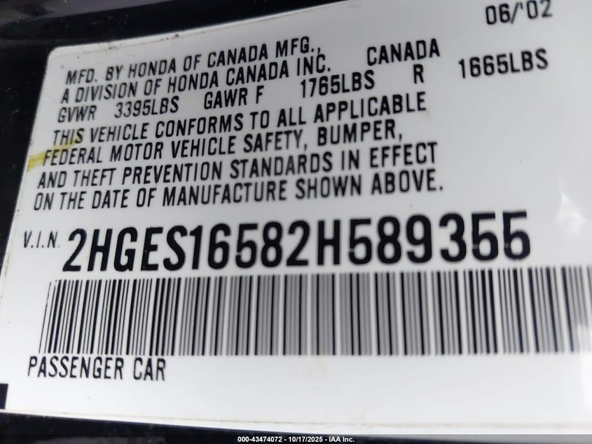 2HGES16582H589355 2002 HONDA CIVIC photo no. 9