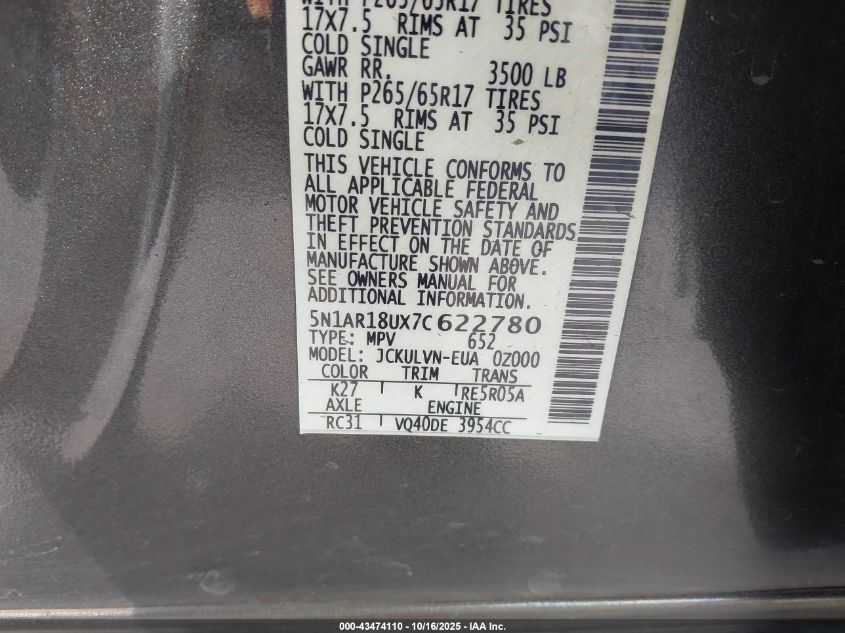 2007 Nissan Pathfinder Le VIN: 5N1AR18UX7C622780 Lot: 43474110