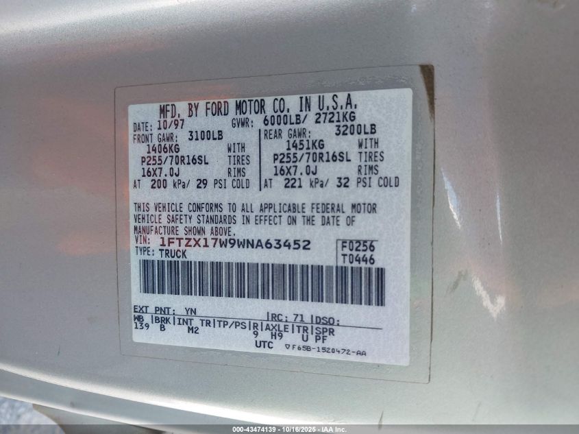 1998 Ford F-150 Lariat/Standard/Xl/Xlt VIN: 1FTZX17W9WNA63452 Lot: 43474139