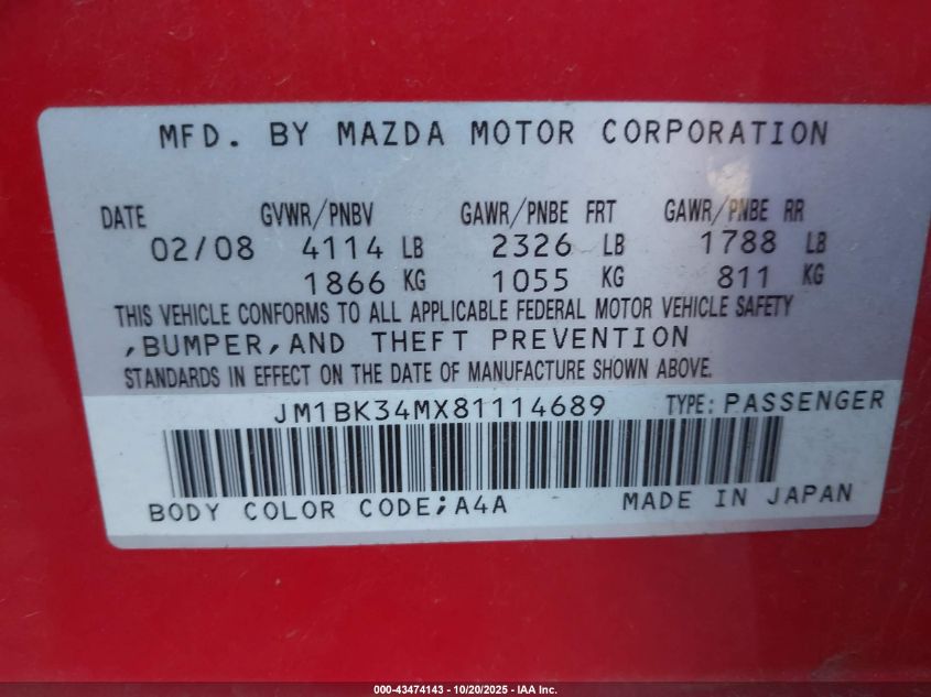 2008 Mazda Mazdaspeed3 Sport VIN: JM1BK34MX81114689 Lot: 43474143