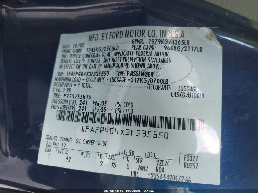 2003 Ford Mustang VIN: 1FAFP404X3F335550 Lot: 43474146