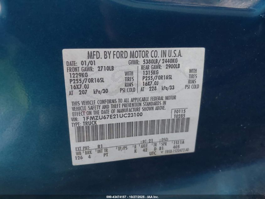 2001 Ford Explorer Sport Trac VIN: 1FMZU67E21UC23100 Lot: 43474157