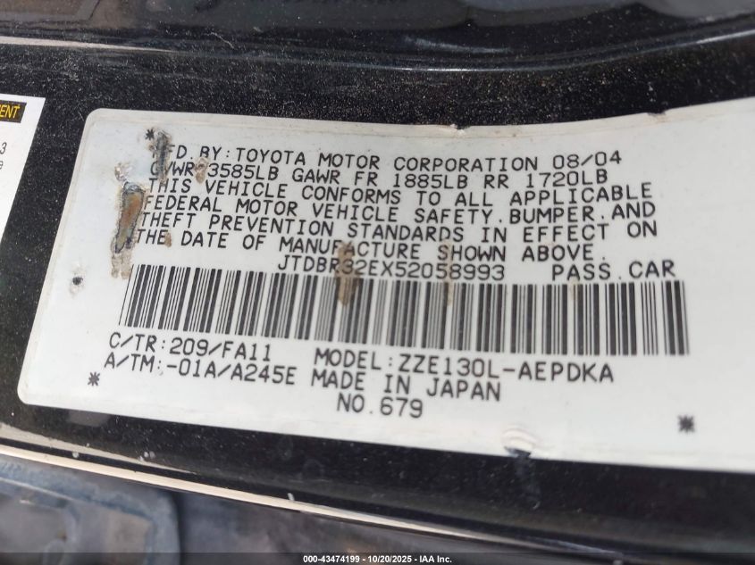 2005 Toyota Corolla Ce VIN: JTDBR32EX52058993 Lot: 43474199