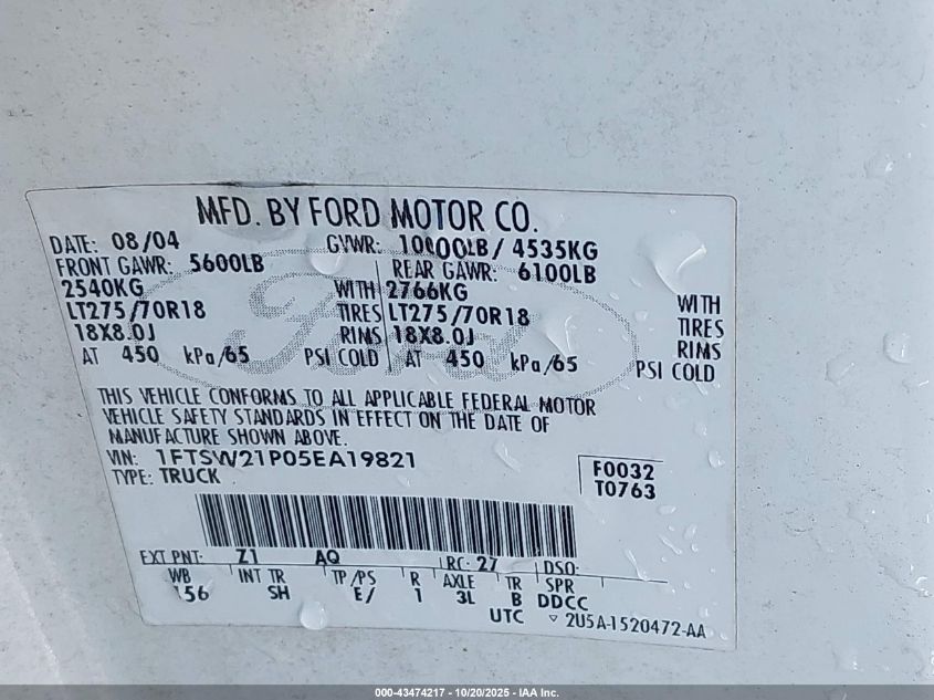 2005 Ford F-250 Lariat/Xl/Xlt VIN: 1FTSW21P05EA19821 Lot: 43474217