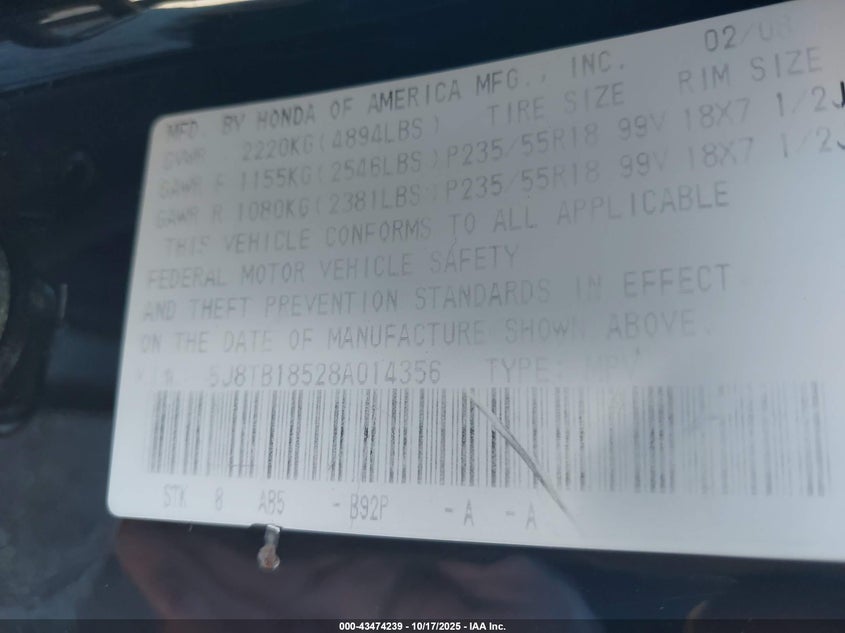 2008 Acura Rdx VIN: 5J8TB18528A014356 Lot: 43474239