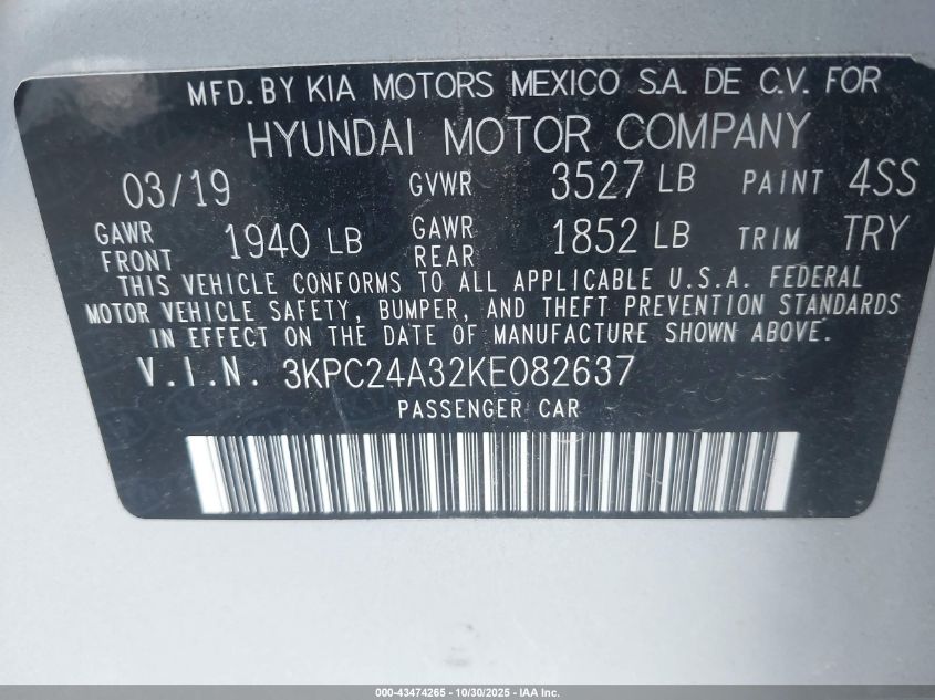 2019 Hyundai Accent Se VIN: 3KPC24A32KE082637 Lot: 43474265