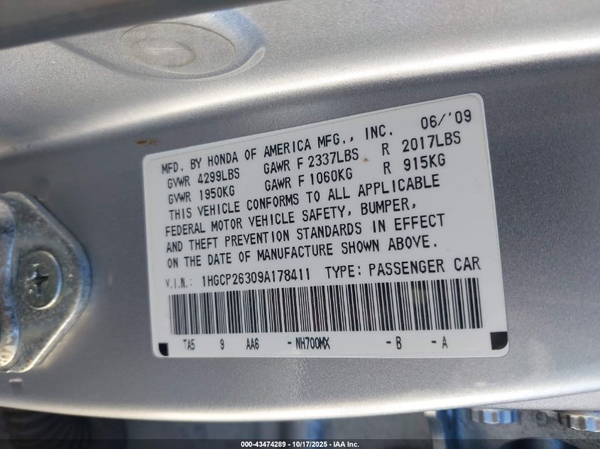 2009 Honda Accord 2.4 Lx VIN: 1HGCP26309A178411 Lot: 43474289