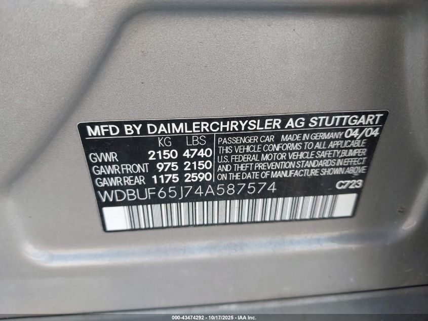 2004 Mercedes-Benz E 320 VIN: WDBUF65J74A587574 Lot: 43474292