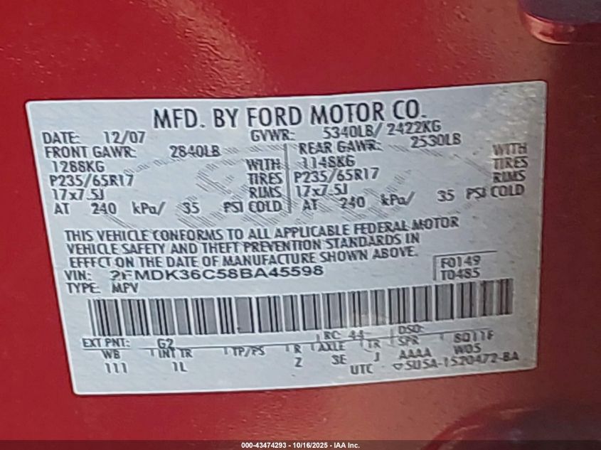 2008 Ford Edge Se VIN: 2FMDK36C58BA45598 Lot: 43474293