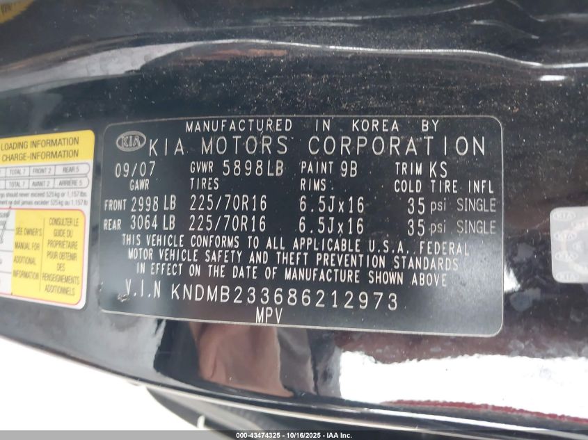 2008 Kia Sedona Lx VIN: KNDMB233686212973 Lot: 43474325