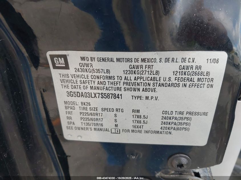 2007 Buick Rendezvous Cx VIN: 3G5DA03LX7S587841 Lot: 43474330