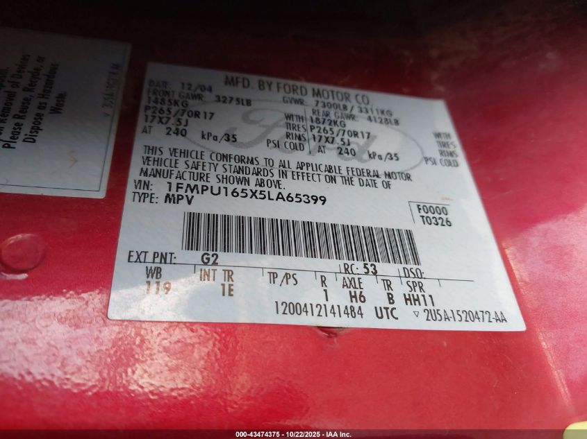 2005 Ford Expedition Nbx/Xlt VIN: 1FMPU165X5LA65399 Lot: 43474375