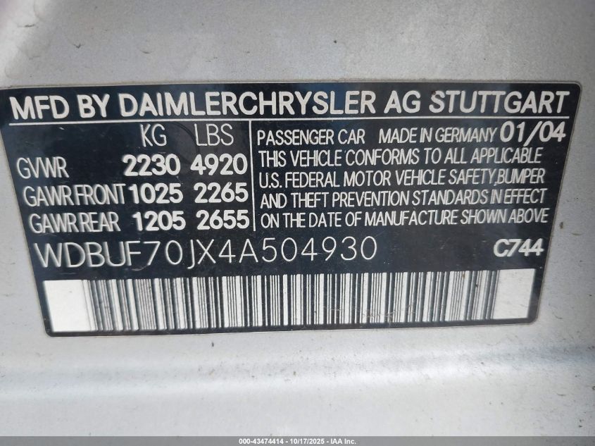 2004 Mercedes-Benz E 500 VIN: WDBUF70JX4A504930 Lot: 43474414