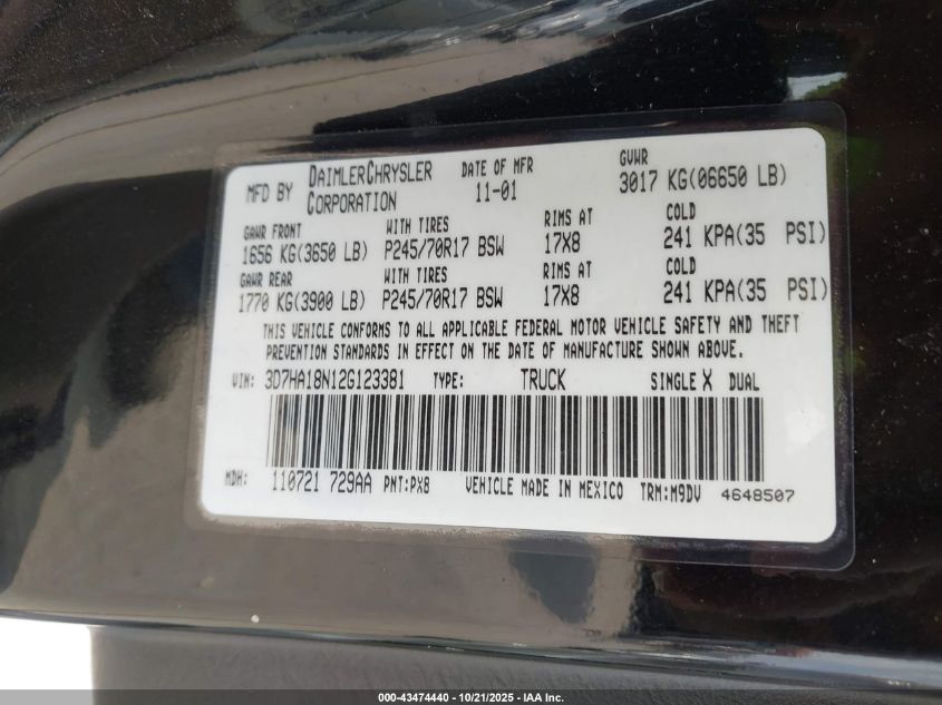 2002 Dodge Ram 1500 St VIN: 3D7HA18N12G123381 Lot: 43474440