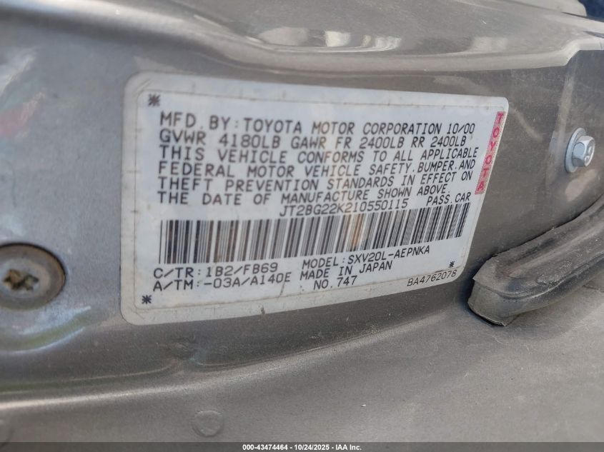 2001 Toyota Camry Le VIN: JT2BG22K210550115 Lot: 43474464