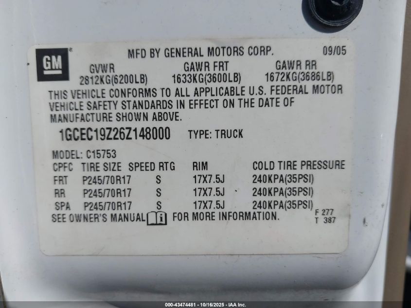 2006 Chevrolet Silverado 1500 Lt1 VIN: 1GCEC19Z26Z148000 Lot: 43474481